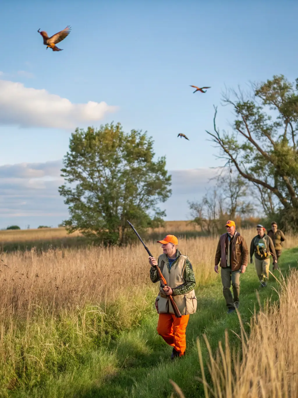 A photograph capturing a group of ACCAB members participating in a controlled pheasant hunt in the fields of Buzeins, showcasing responsible hunting practices.