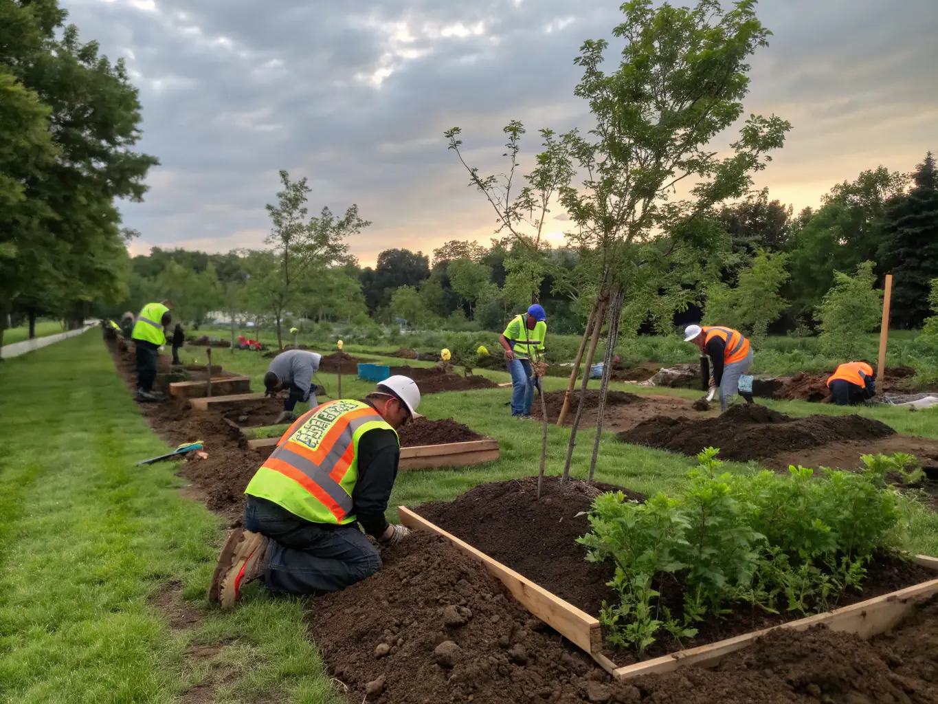 A photograph depicting ACCAB members participating in a habitat restoration project, planting trees and shrubs to improve wildlife habitat. The image should convey a sense of teamwork and environmental stewardship.