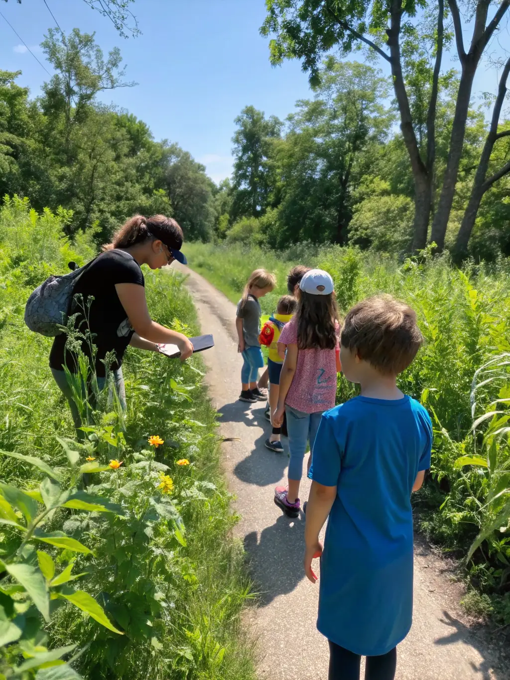A picture of a group of children learning about wildlife tracking from an ACCAB instructor, emphasizing the club's educational outreach to the community.