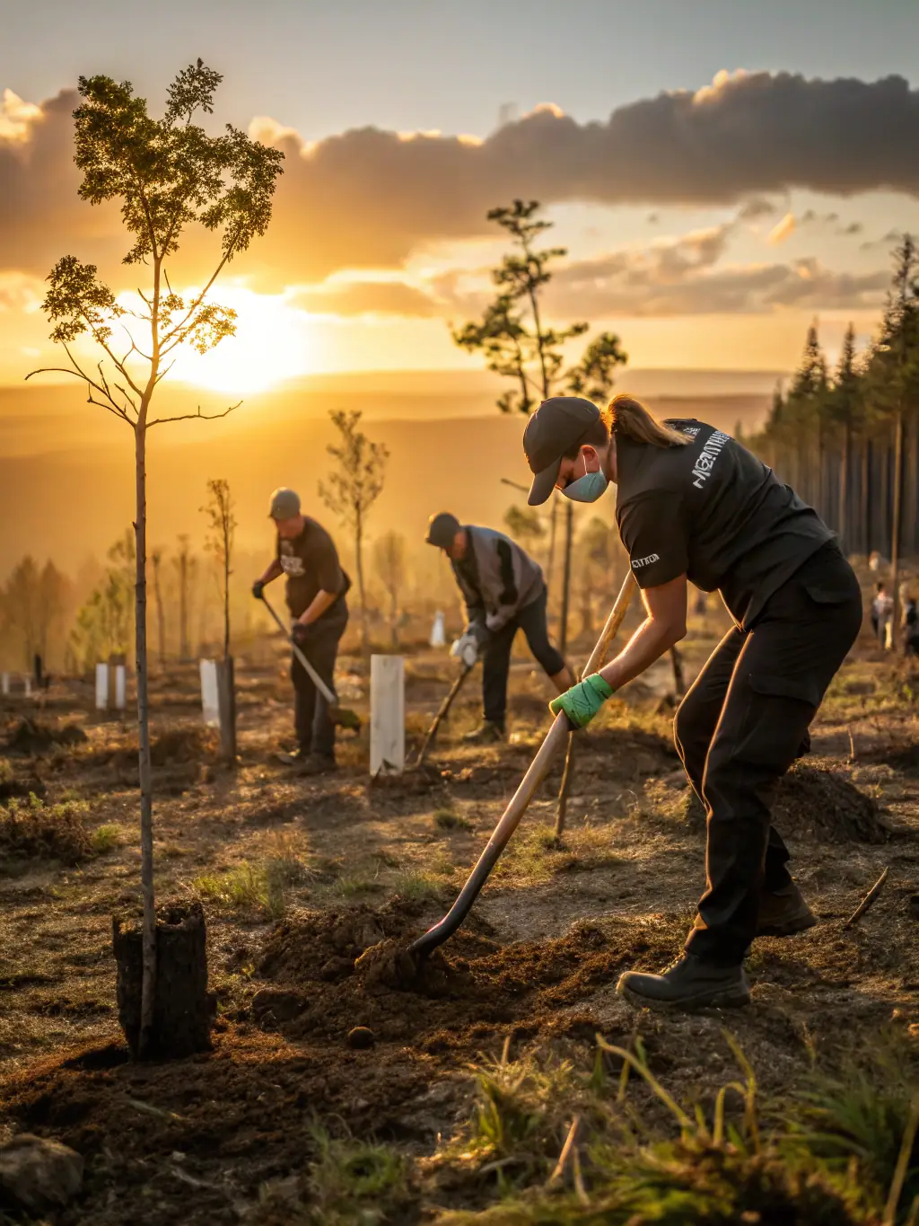 A photograph capturing a group of ACCAB members participating in a habitat restoration project, planting trees and clearing invasive species in a local forest area.