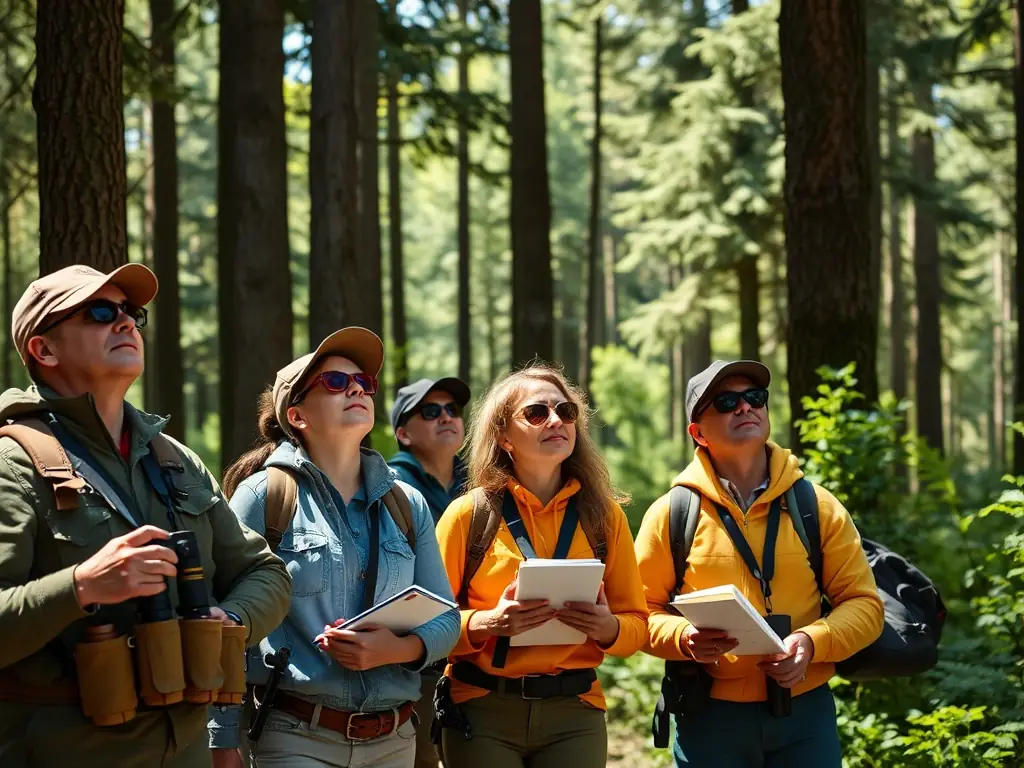 A photograph showcasing ACCAB members involved in a wildlife monitoring activity, using binoculars and tracking equipment to observe and record animal populations. The image should highlight the scientific aspect of wildlife management.