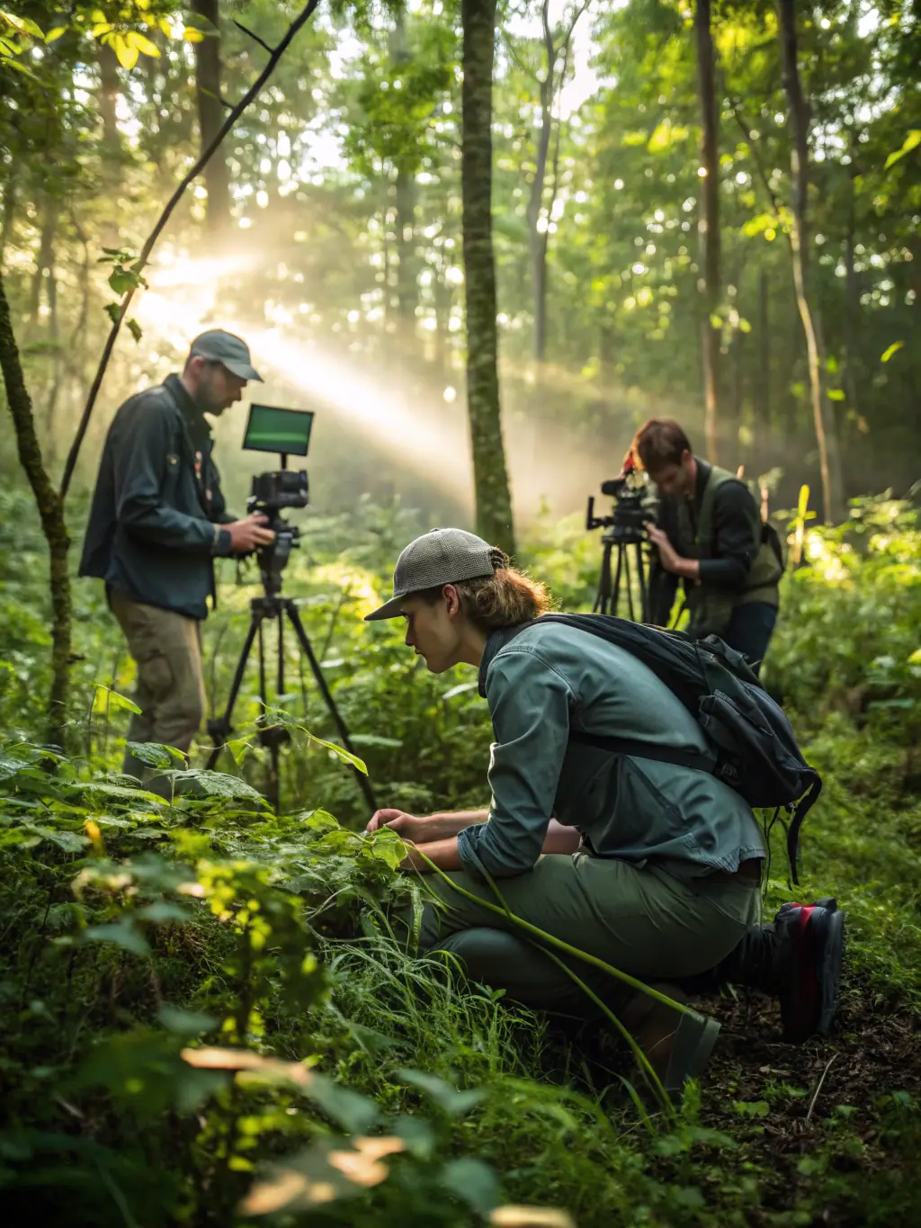 An image of ACCAB members conducting a wildlife census, using binoculars and tracking equipment to monitor local animal populations.
