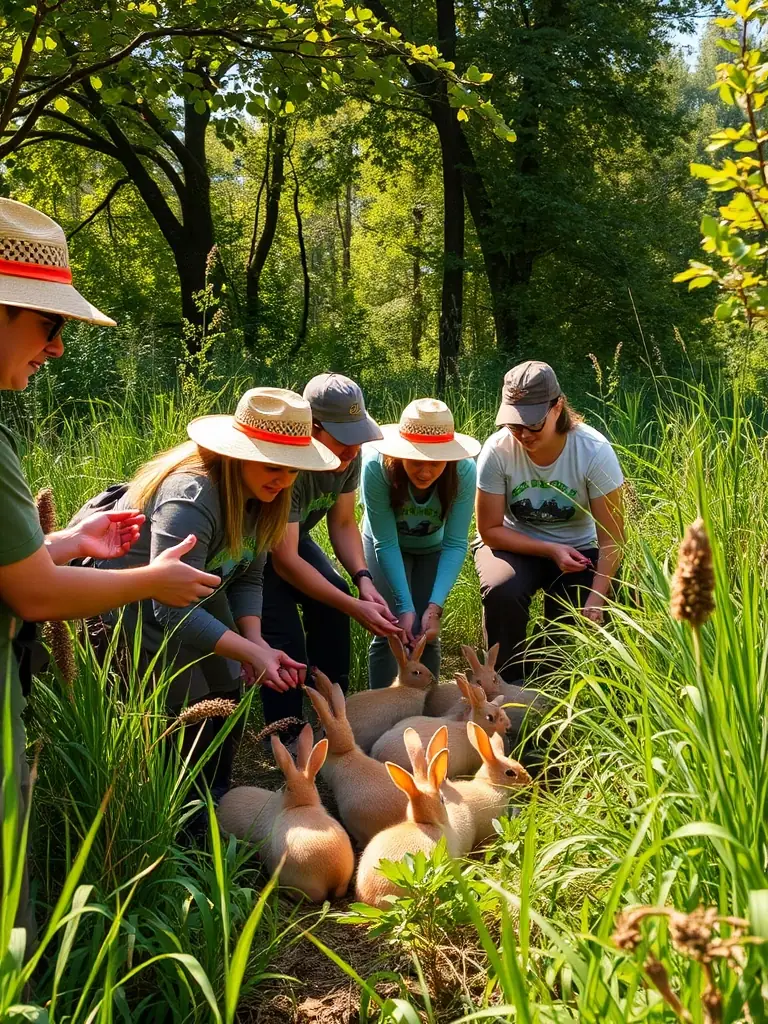 An image of ACCAB members releasing young rabbits into a protected habitat, illustrating the club's commitment to wildlife repopulation efforts.