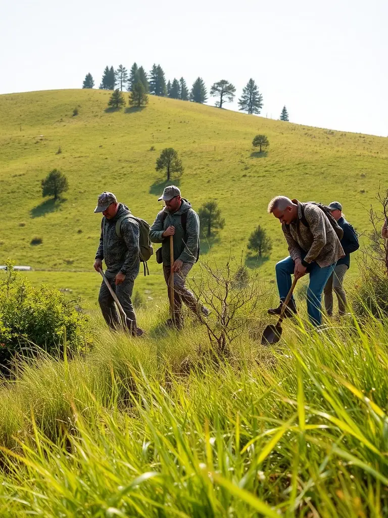 A picture of ACCAB members working together to maintain and improve local hunting grounds, clearing trails and building shelters for wildlife.